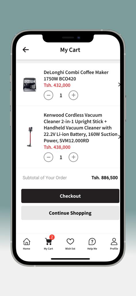Nida & Danish - A mobile screen showing the shopping cart of the Nida and Danish app with a coffee maker and a vacuum cleaner.