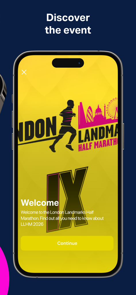 London Landmarks Half Marathon - London Landmarks Half Marathon app welcome screen showing event discovery information