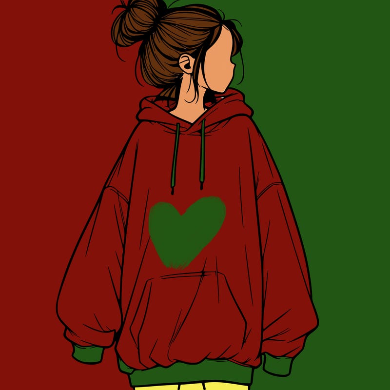 realistic girl with a oversized sweatshirt on and a bun