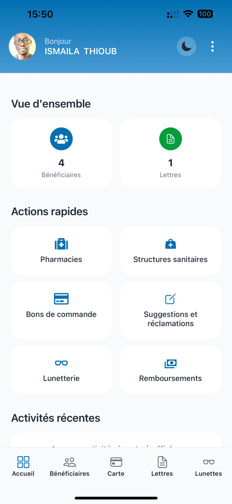 My Transvie app dashboard showing health insurance overview and quick actions for medical benefits