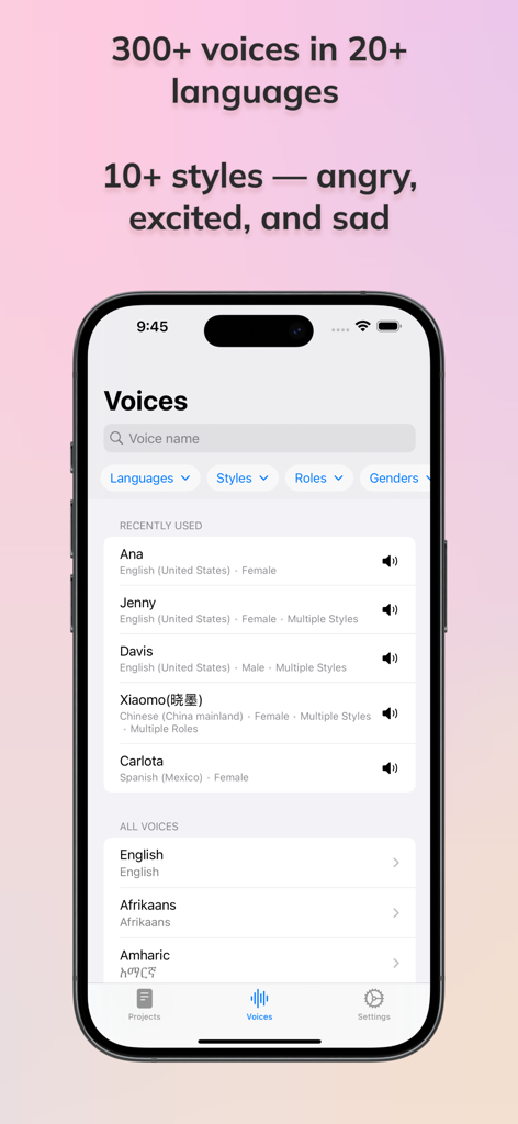 VoiceStudio AI - VoiceStudio AI app interface displaying a list of realistic AI voices categorized by language and emotional style