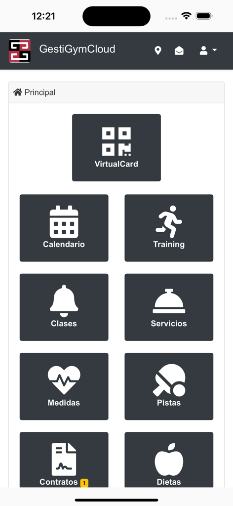 Menú principal de la aplicación móvil GestiGym Cloud que muestra iconos para tarjeta virtual, calendario, clases y servicios de gimnasio
