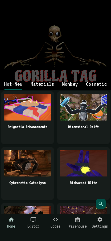 Screenshot der Gtag Mods App-Oberfläche, die eine Liste verfügbarer Spiel-Mods und Skins für Gorilla Tag zeigt.