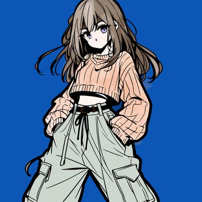 anime teen girl with baggy pants and crop top with sweater