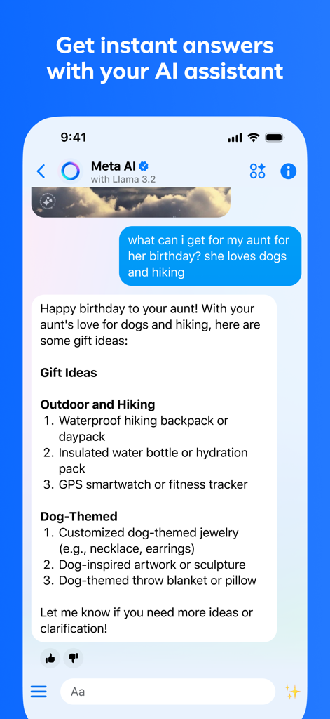 Ein Screenshot der Messenger-App, der den Meta AI-Assistenten zeigt, der Geburtstagsgeschenkideen in einer Chat-Oberfläche liefert.