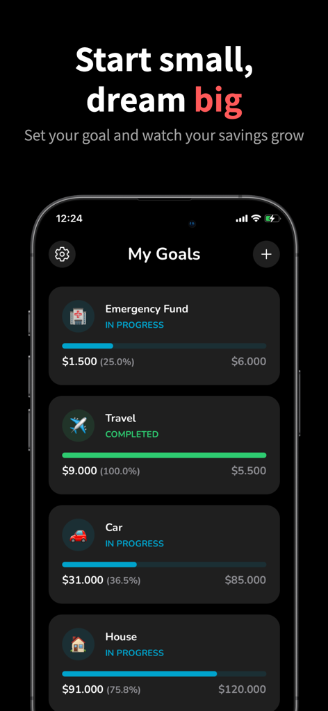 Saving Together - Una interfaz de aplicación móvil titulada Mis Metas que muestra el progreso de ahorros para un fondo de emergencia, viajes, un coche y una casa con barras de progreso visuales.
