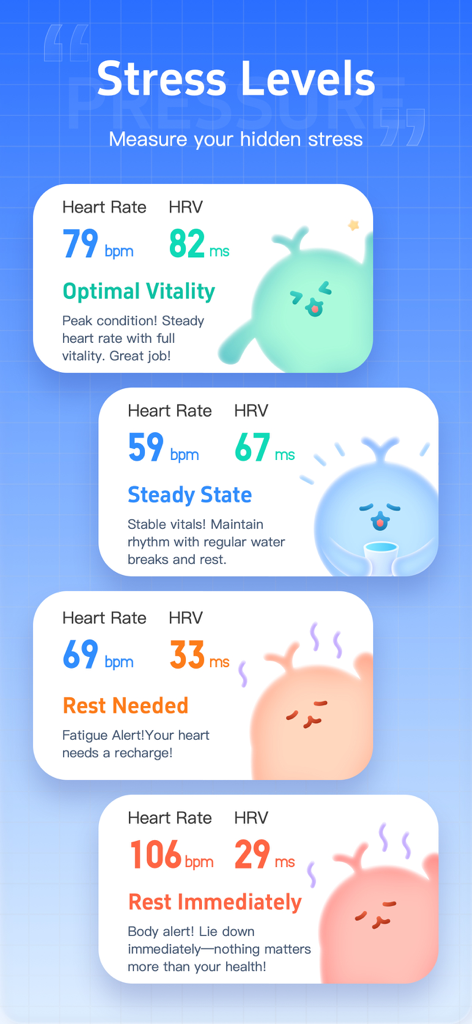 Heart Mate app interface showing different stress level categories based on heart rate and HRV metrics