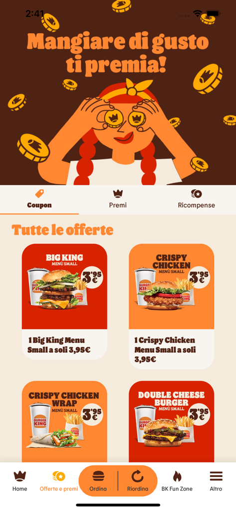 Burger King Italia - Burger King Italia app interface showing various food coupons and exclusive offers like the Big King and Crispy Chicken menus.