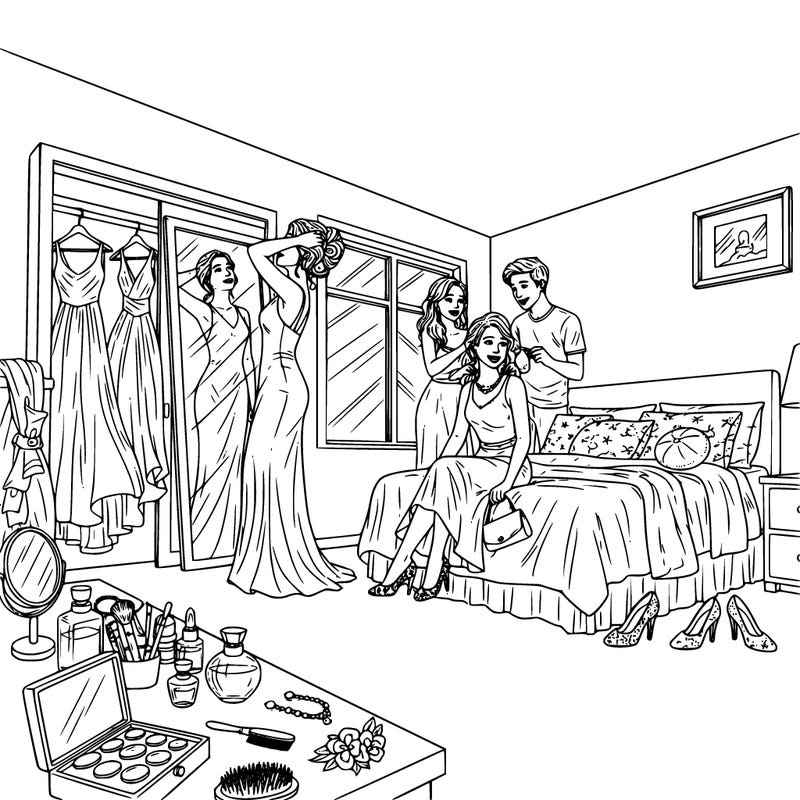 *a cozy bedroom scene where a group of teens prepare for prom together. one teen stands in front of a mirror adjusting their hair while wearing a long formal dress. another sits on the bed putting on dress shoes while holding a small purse. a friend helps place a necklace while they chat and smile.*

*the room has a vanity table with makeup brushes, perfume bottles, and a jewelry box. dresses hang on the closet door and a few garment bags rest over a chair. on the bed are pillows, dress shoes, and small accessories.*

*include details like a corsage on the dresser, hairbrushes, mirrors, soft fabric textures, and evening light coming through the window so there are **nice details for coloring without making the scene crowded.***