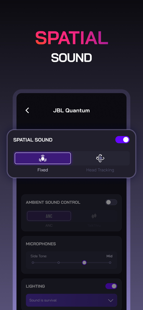JBL Quantum - JBL Quantum app spatial sound settings interface showing fixed and head tracking options.