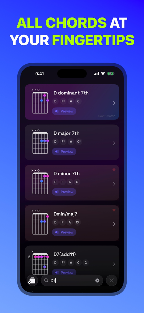 Interactive guitar chord library showing various chord diagrams and search options in the Guitar Wiz app.