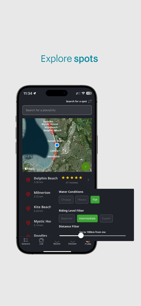 The Surfr. App interface showing a map of kiteboarding spots with search filters for water conditions and riding level