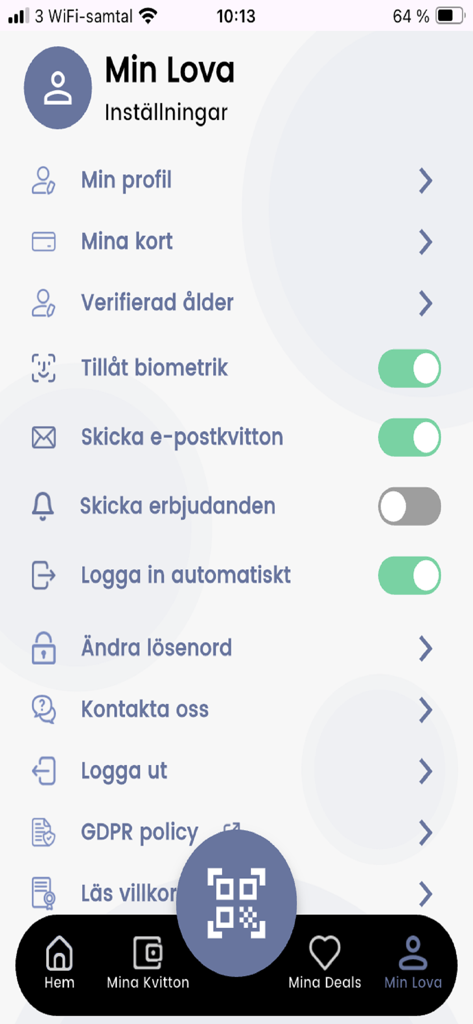 Tela de configurações de perfil do aplicativo móvel Lova mostrando opções de conta e segurança