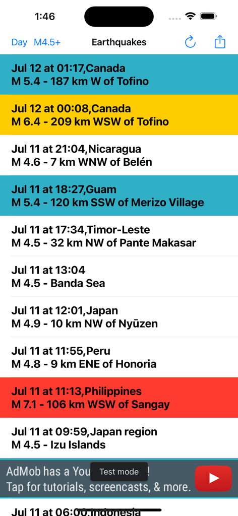 Mobile app interface showing a list of recent global earthquake alerts with magnitude and location details.