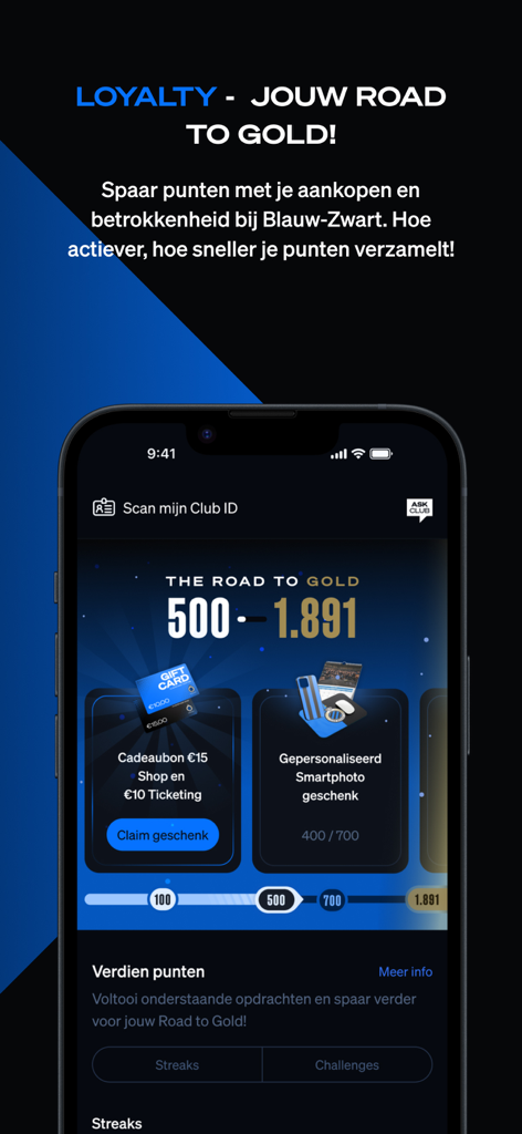 Club Brugge - Tela do programa de fidelidade do aplicativo do Club Brugge mostrando a jornada para pontos de ouro e presentes