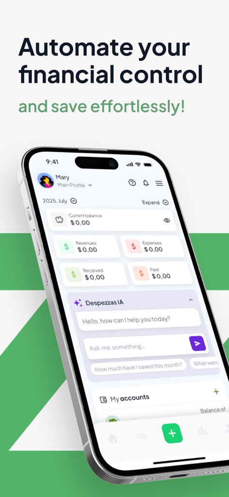 Despezzas: controle financeiro - Tela de smartphone exibindo o painel do aplicativo Despezzas com assistente financeiro de IA e cartões de acompanhamento de despesas