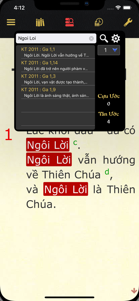 Vietnamese Catholic app KTCGKPV displaying Bible search results for the term Ngoi Loi