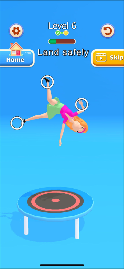 Move It: Pose Challenge - Un personaggio ragdoll in una sfida di pose cade verso un trampolino blu.