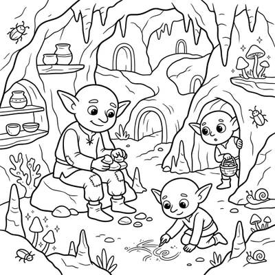 Dive into a subterranean adventure with this enchanting coloring page featuring friendly cave goblins. Designed specifically for kids, it offers a delightful scene perfect for young artists to bring to life.