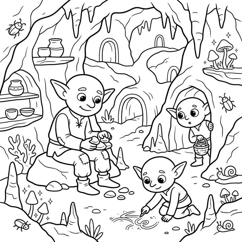 Dive into a subterranean adventure with this enchanting coloring page featuring friendly cave goblins. Designed specifically for kids, it offers a delightful scene perfect for young artists to bring to life.