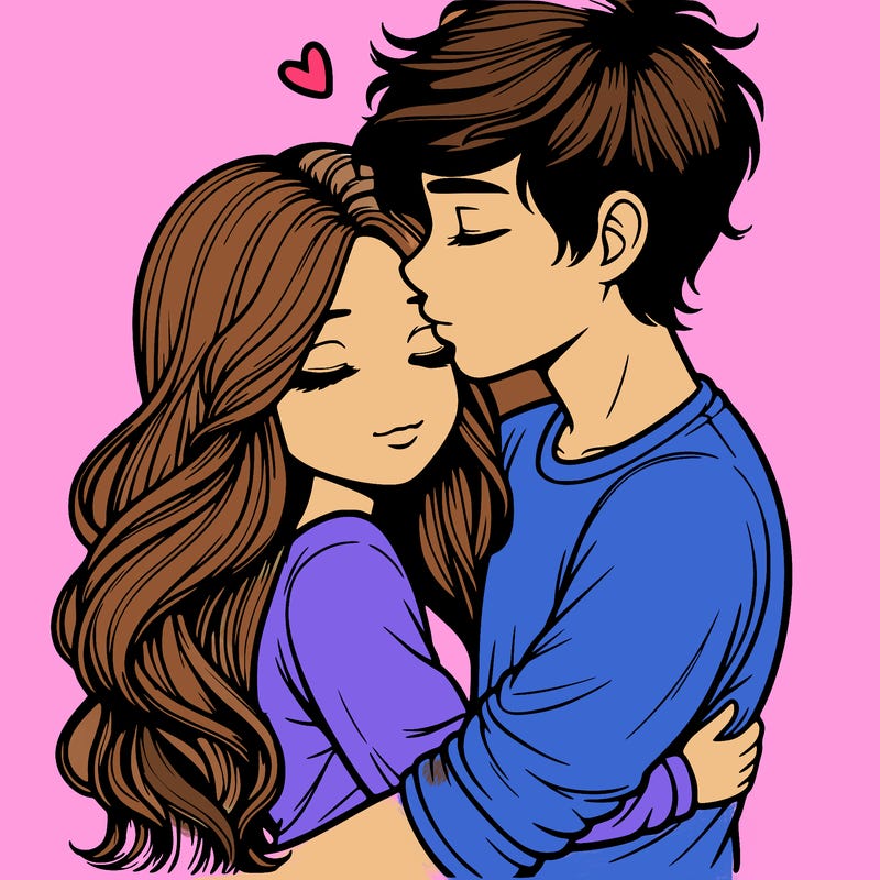 a realistic couple boy and girl hugging and kissing