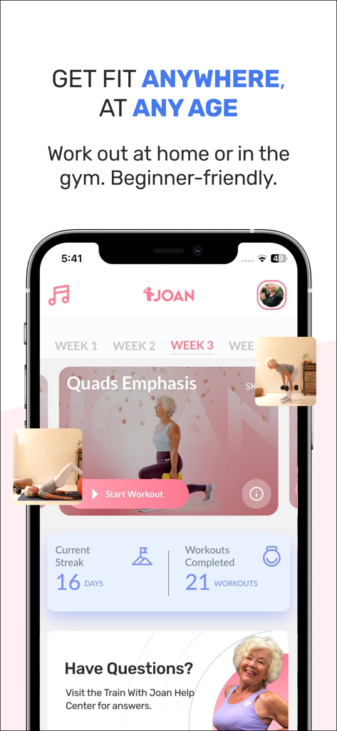 Train with Joan app screen showing senior fitness workout plans and progress tracking for women