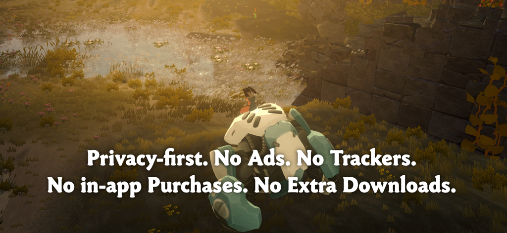 Wilderless gameplay screenshot showcasing a golden sunset landscape and its privacy-first no-ads policy