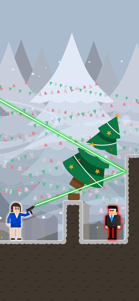 Una agente secreta femenina en Mr Bullet apunta un disparo de rebote a un árbol de Navidad para golpear a un enemigo