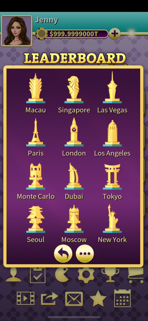 Leaderboard screen in Chinese Poker showing icons for world cities like Macau Singapore and Las Vegas