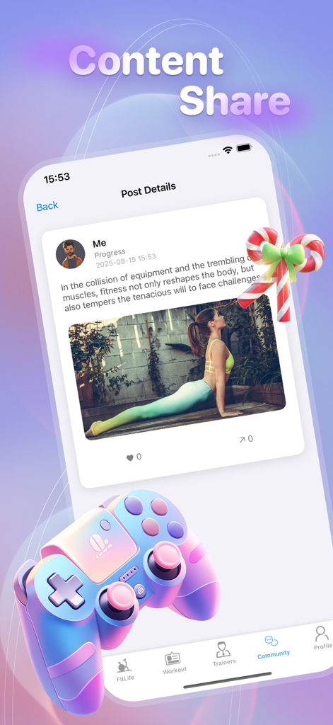Canvio:Live Video,Chat Fun - A social media post in the Canvio app showing a woman performing a yoga pose as part of her fitness progress