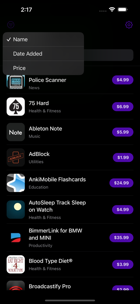Add to Wishlist for AppStore - Interfaz de aplicación móvil que muestra una lista de deseos de aplicaciones con un menú de ordenación por nombre, fecha de adición y precio.