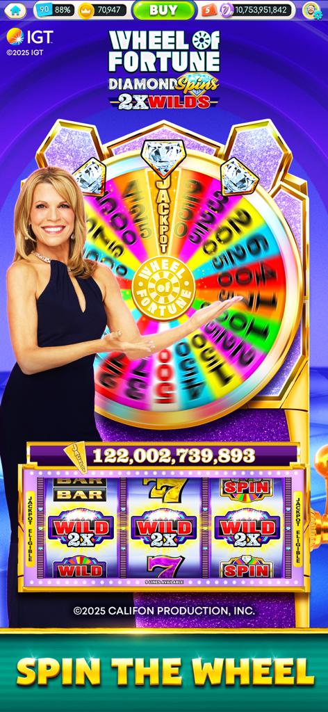 myVEGAS Slots Wheel of Fortune game screen with a large prize wheel and slot reels