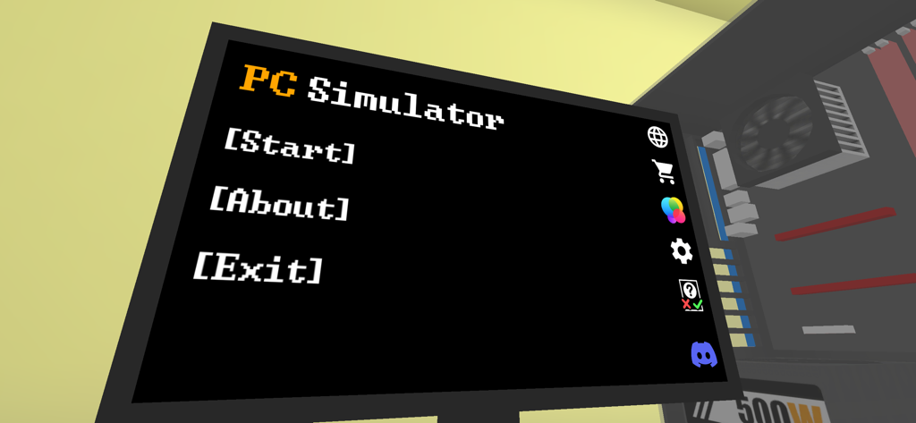 Pantalla del menú principal del juego PC Simulator con los botones Iniciar y Acerca de
