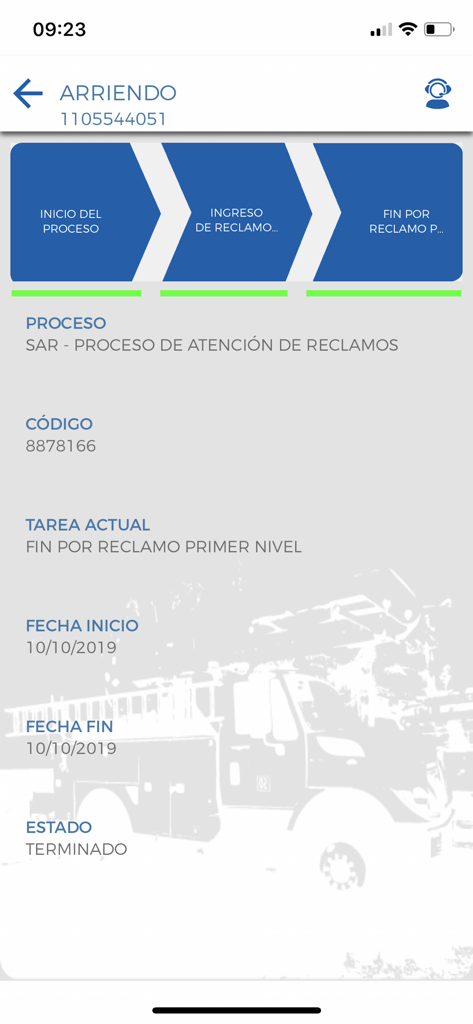 CNEL EP - Mobile screen showing the status and tracking details of a service complaint in the CNEL EP app