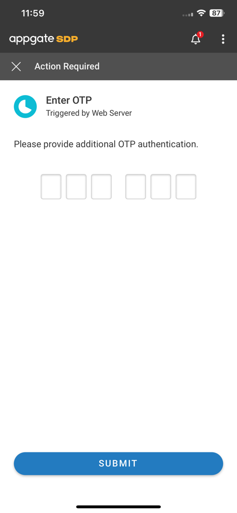 Pantalla de la aplicación móvil Appgate SDP que requiere autenticación OTP para un acceso seguro