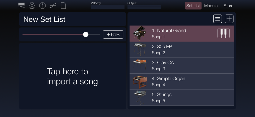 Interface do aplicativo KORG Module Pro mostrando o recurso Set List com vários presets de instrumento para performance ao vivo