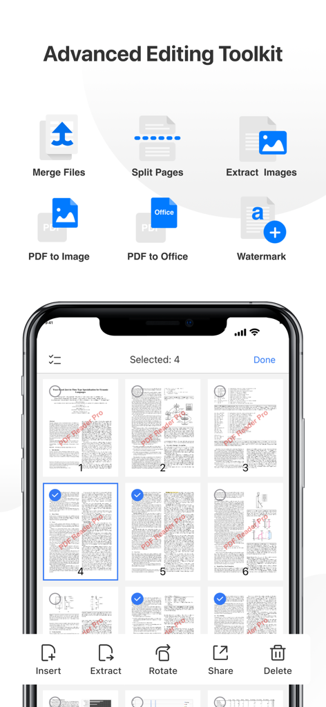 PDF Reader Pro – Lite Edition - Advanced editing toolkit interface of PDF Reader Pro showing document merging splitting and page management features on iPhone