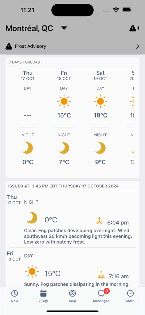 WeatherCAN app showing a 7 day forecast and frost advisory for Montreal.