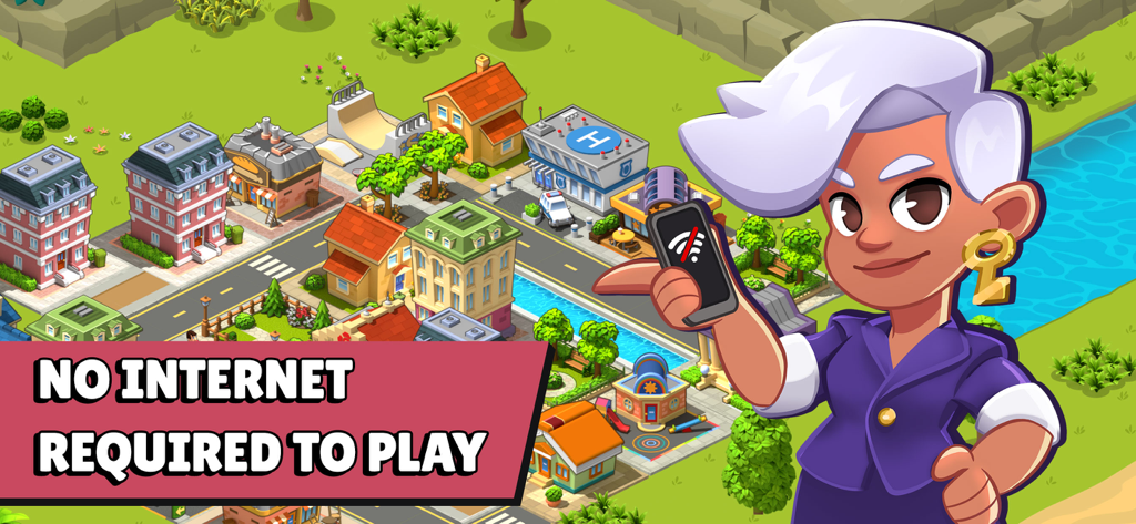 Personaje femenino de caricatura, alcaldesa, mostrando un smartphone sin icono de wifi, indicando juego de construcción de ciudades sin conexión.