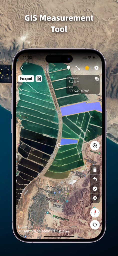 Earth Maps - Earth Maps App-Oberfläche zeigt ein GIS-Messwerkzeug zur Berechnung von Fläche und Umfang auf Satellitenbildern