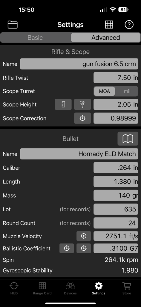 Detaillierte Gewehr- und Kugelkonfigurationseinstellungen in der Eagle Ballistics App