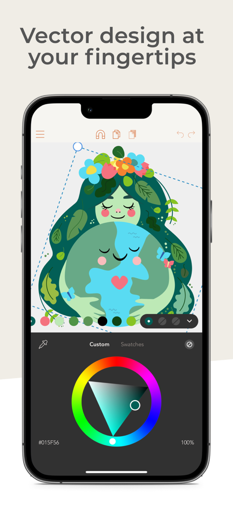 Grafikdesign auf dem iPhone mit der Assembly-App, das eine Vektorillustration und ein Farbrad zeigt.