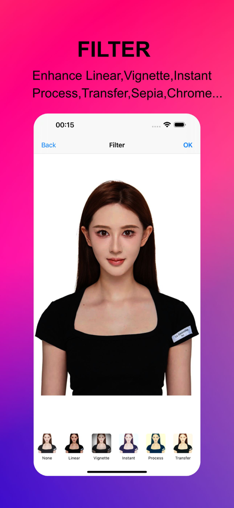 Interface of Editor Lab app showing multiple photo filter options for portrait editing