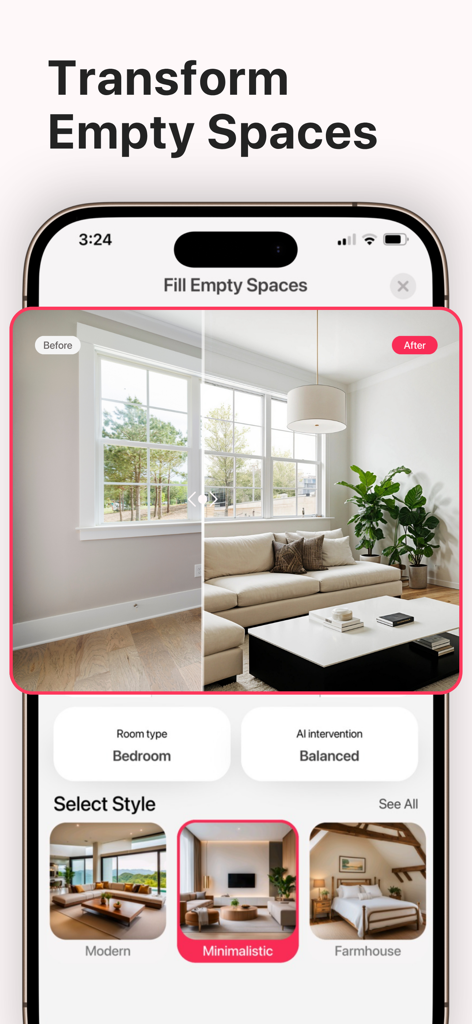 AI Home Design - AI Interior - Comparación de antes y después de una habitación vacía transformada en un salón moderno amueblado utilizando diseño de interiores con IA