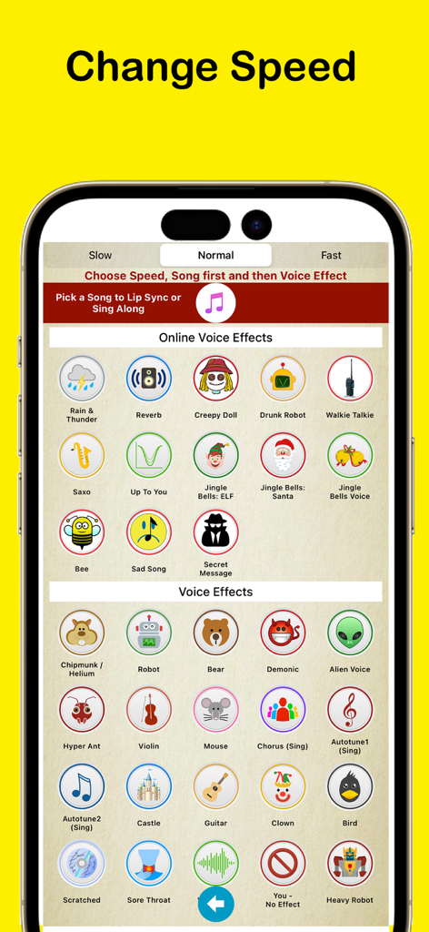 Interface of the Crazy Helium app showing various voice effects and video speed controls