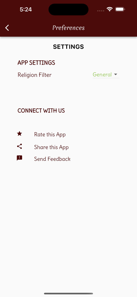 Intercontinental Food recipes - App settings and preferences screen for Intercontinental Food recipes featuring a religion filter and feedback options.