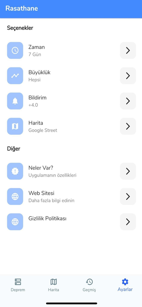 Rasathane - Rasathane app settings screen showing earthquake notification and filter options