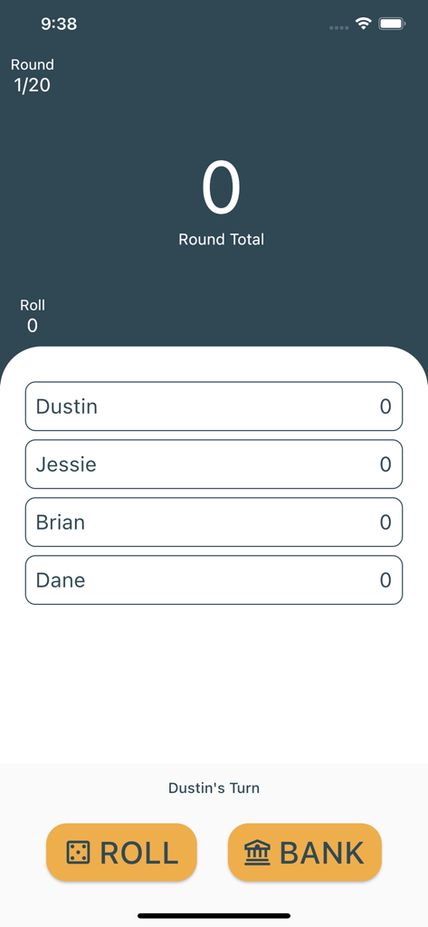 BANK! Dice Game - A gameplay screen of the BANK! Dice Game app showing four players with scores and buttons to roll or bank.