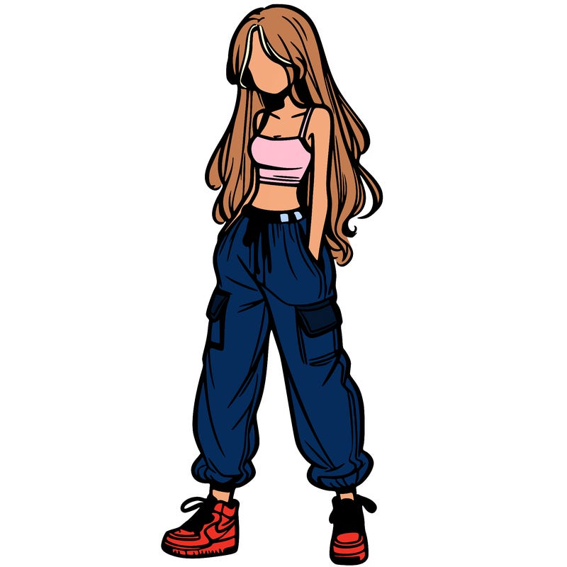 girl in baggy pants crop top and long hair