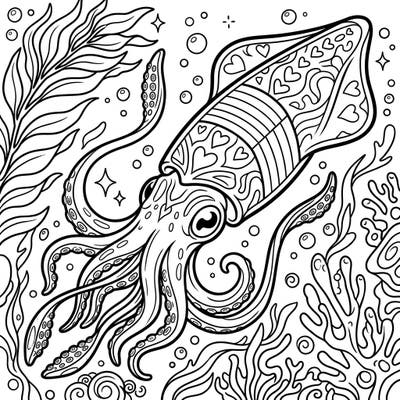 Celebrate Pride Month with our unique Glass Squid coloring page, featuring intricate patterns of hearts and stripes. Dive into a world of marine beauty and inclusive design, perfect for expressing creativity and joy.